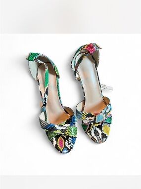Multicolor Snakeskin-Print Stiletto Sandals with Ankle Strap